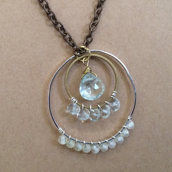 Handcrafted Sundance charm natural aquamarine lemon quartz brass necklace 30” - Picture 9 of 9